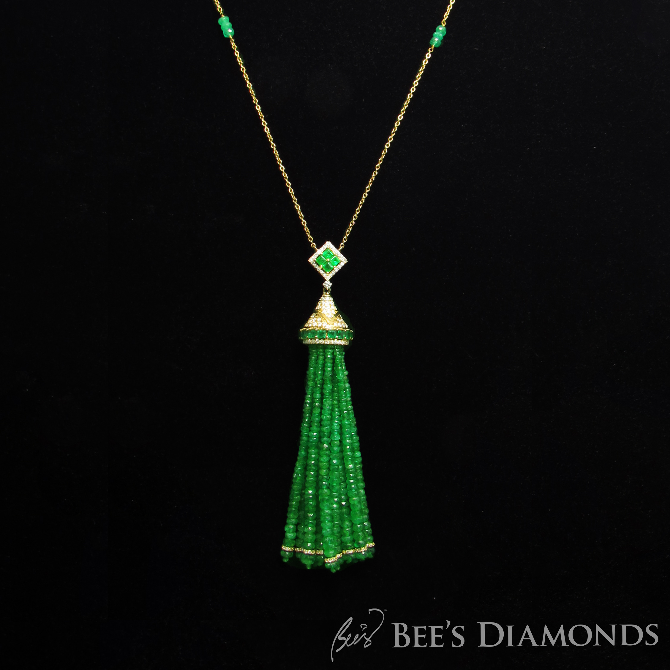 Emerald tassel pendant, emerald necklace | Bee's Diamonds